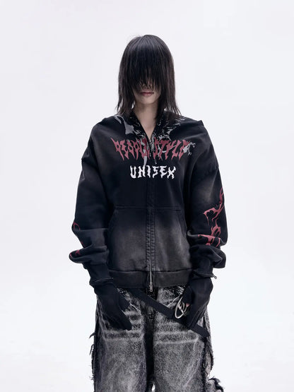 Peoplesense Ripped Full Zip Face Mask Hoodie（Black and Red）