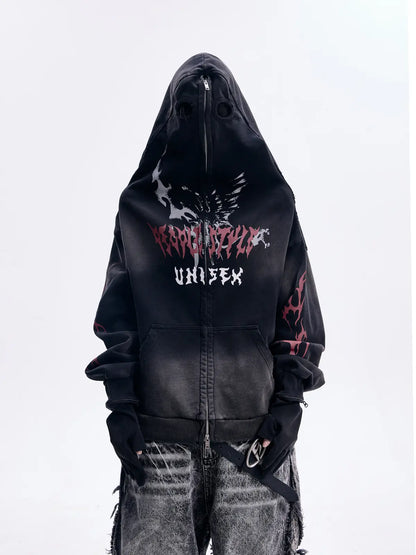 Peoplesense Ripped Full Zip Face Mask Hoodie（Black and Red）