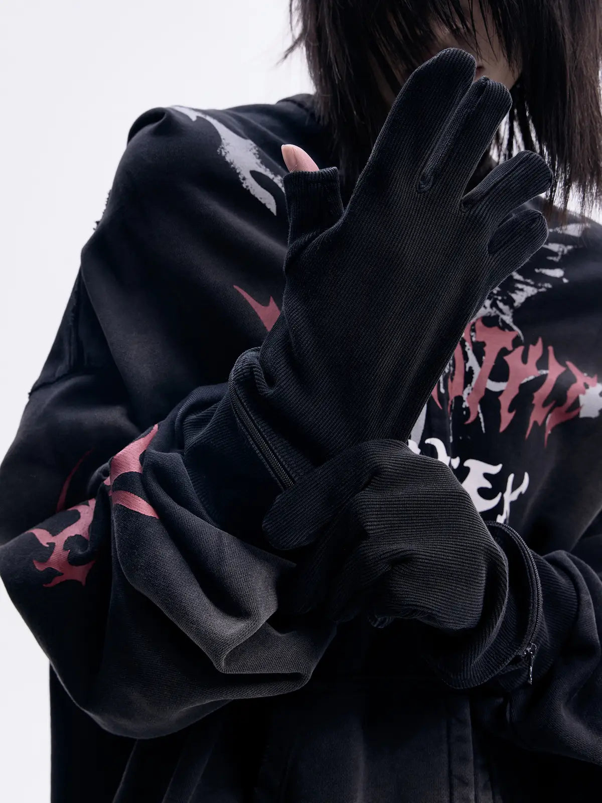 Peoplesense Ripped Full Zip Face Mask Hoodie（Black and Red）