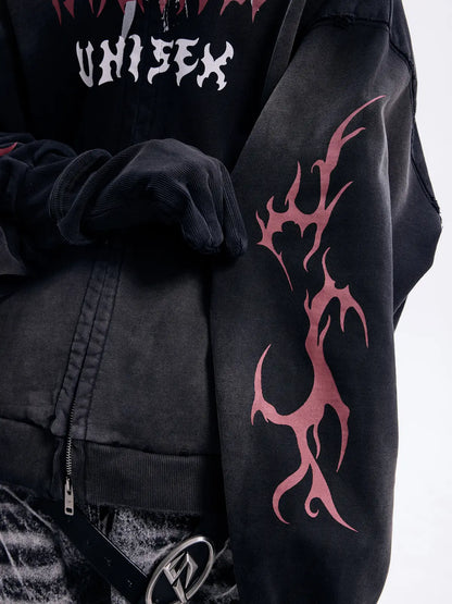 Peoplesense Ripped Full Zip Face Mask Hoodie（Black and Red）