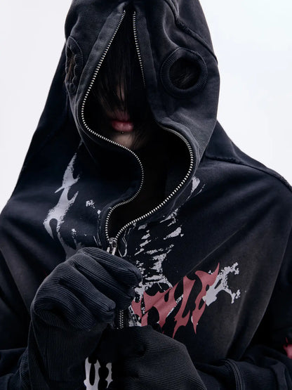 Peoplesense Ripped Full Zip Face Mask Hoodie（Black and Red）