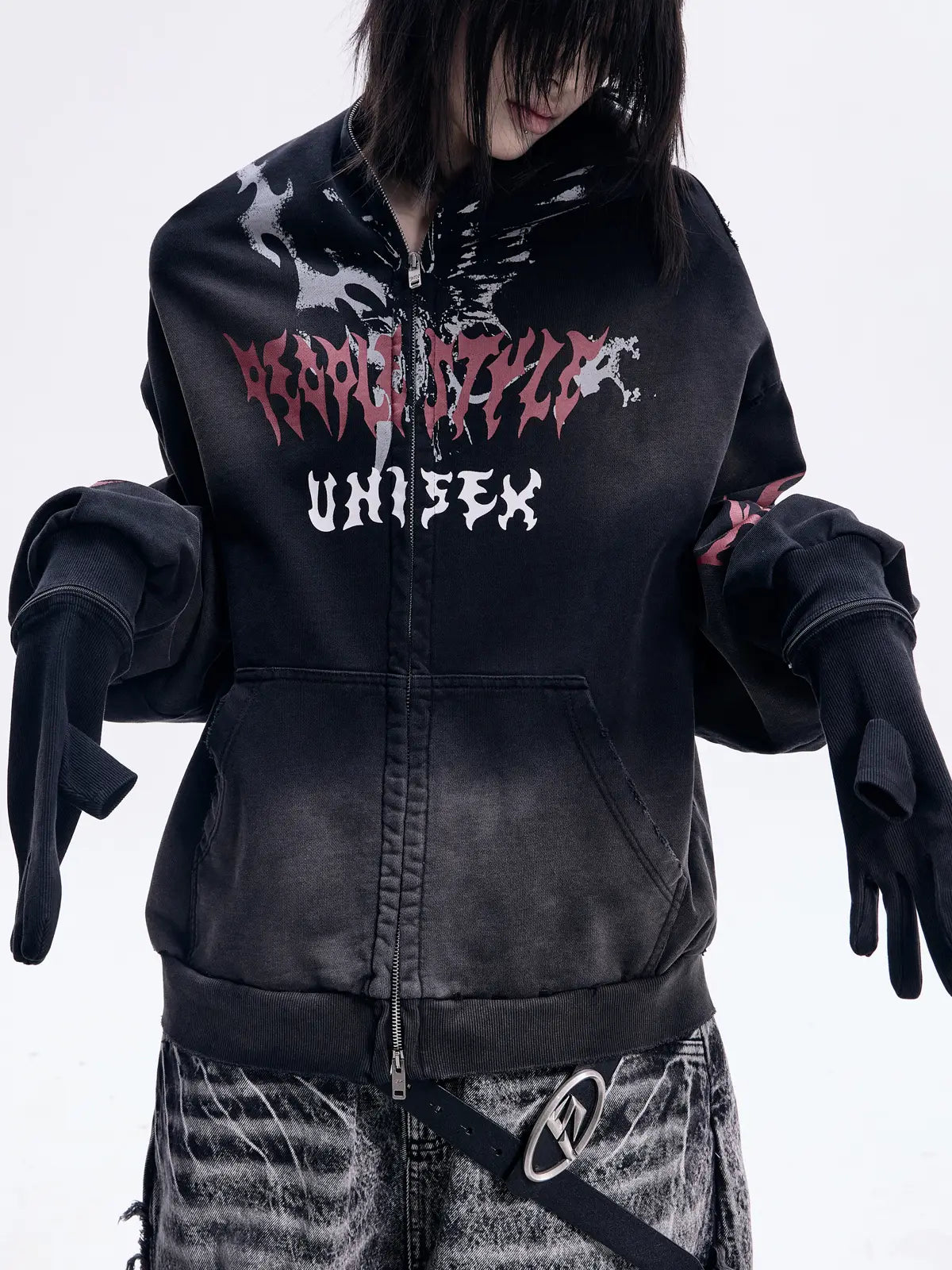 Peoplesense Ripped Full Zip Face Mask Hoodie（Black and Red）