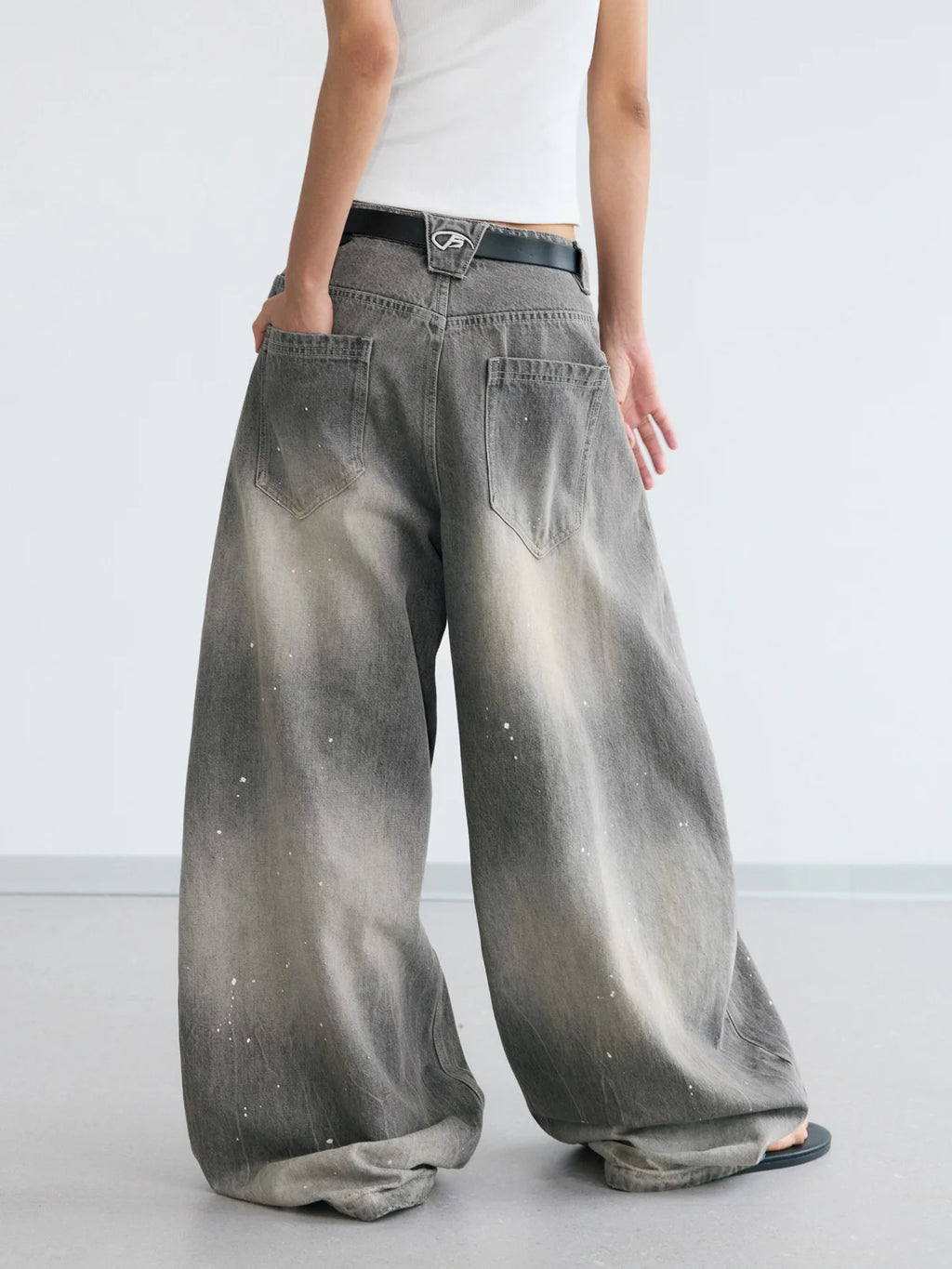 PeopleStyle Vintage Jeans ワイドパンツ ジーンズ Peoplesense Vintage Ink-Splatter Grey Wide-Leg Jeans – peoplesense