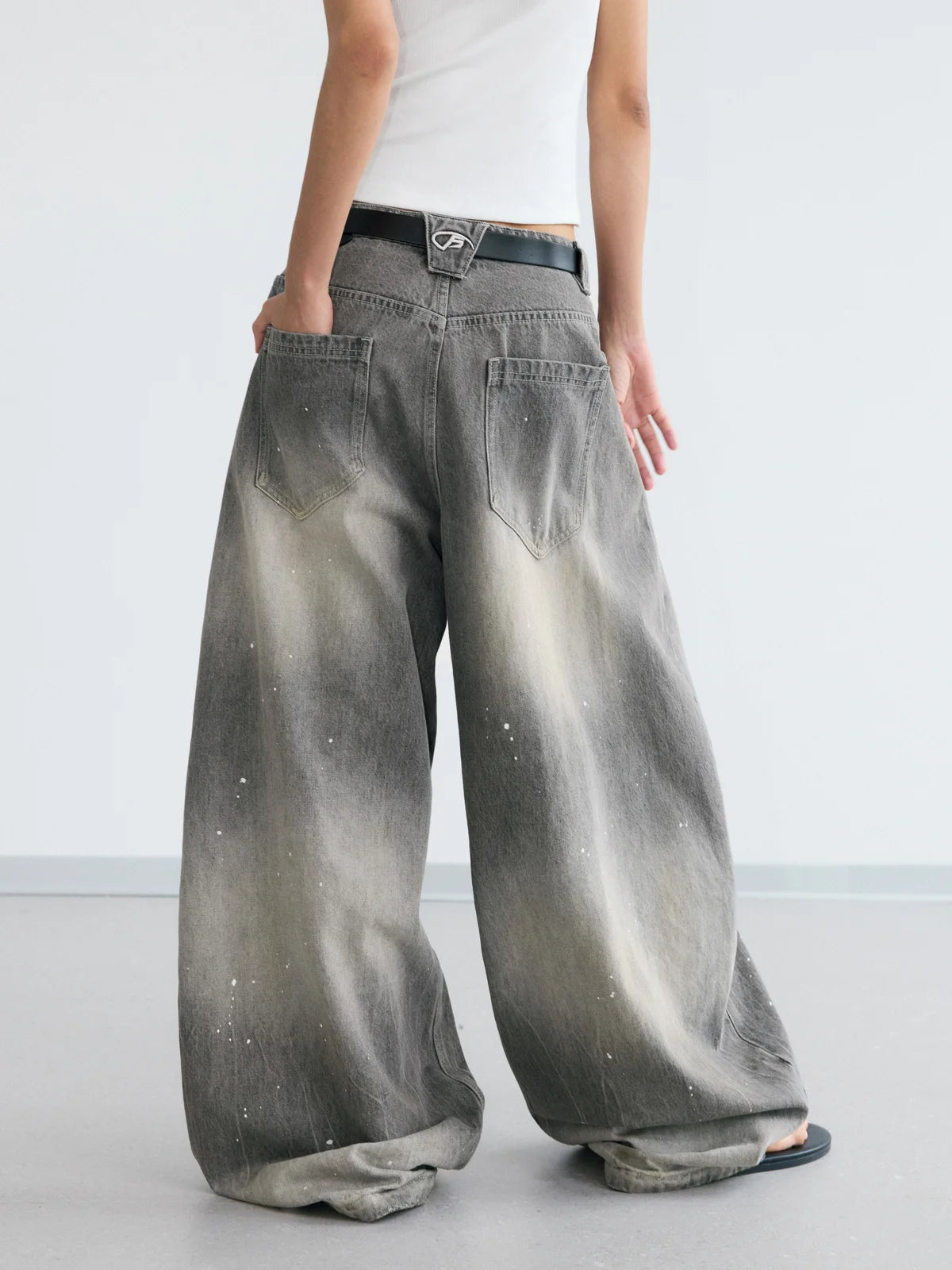 Peoplesense Vintage Ink-Splatter Grey Wide-Leg Jeans