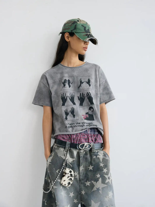 Peoplesense Cropped Hem Graphic Grey Tee