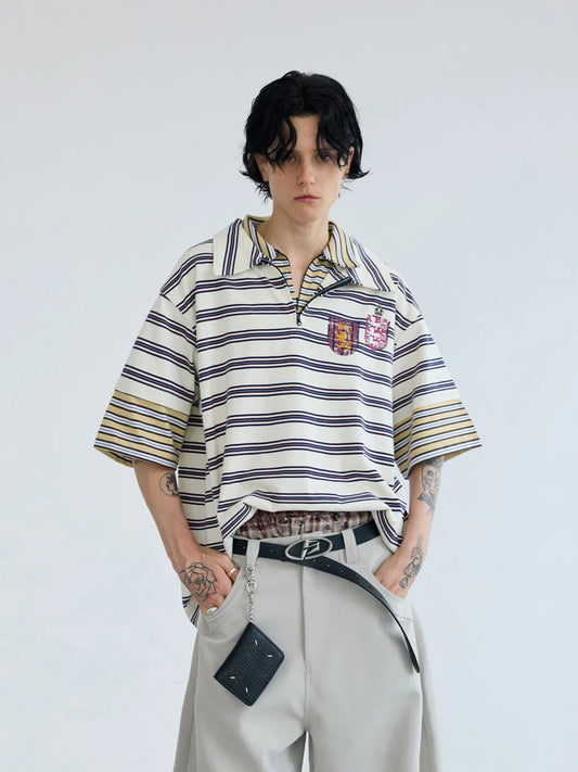 Peoplesense Layered Collar Zip Stripe Polo Shirt