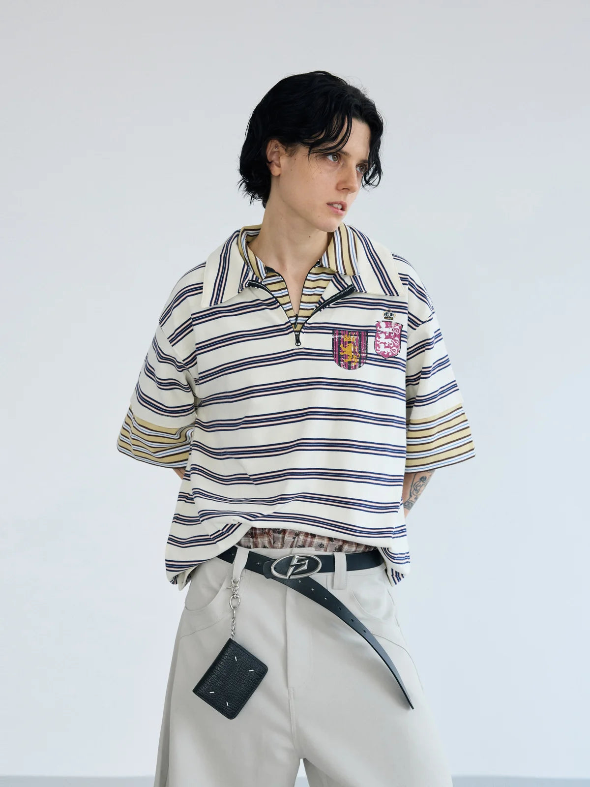 Peoplesense Layered Collar Zip Stripe Polo Shirt