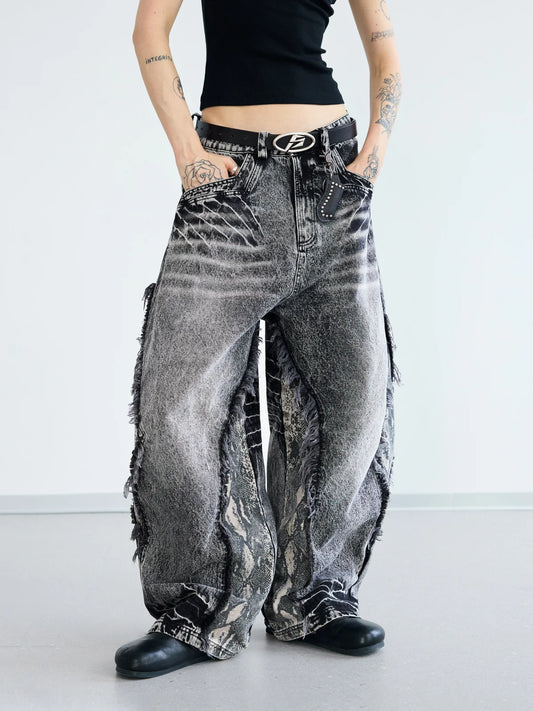 Peoplesense Raw-edge Snake Print Baggy Jeans