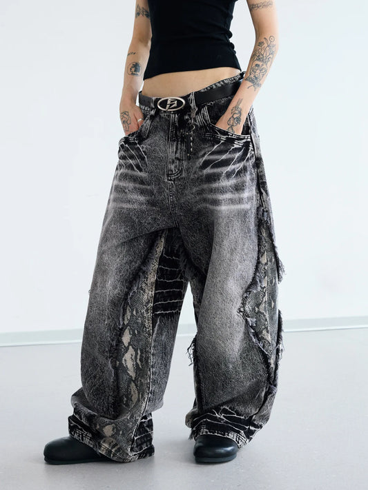 Peoplesense Raw-edge Snake Print Baggy Jeans
