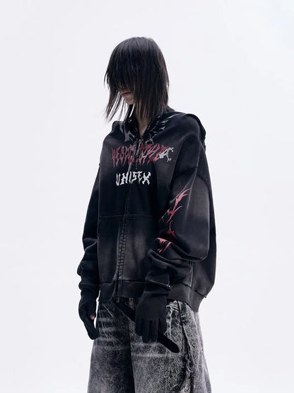 Peoplesense Ripped Full Zip Face Mask Hoodie（Black and Red）