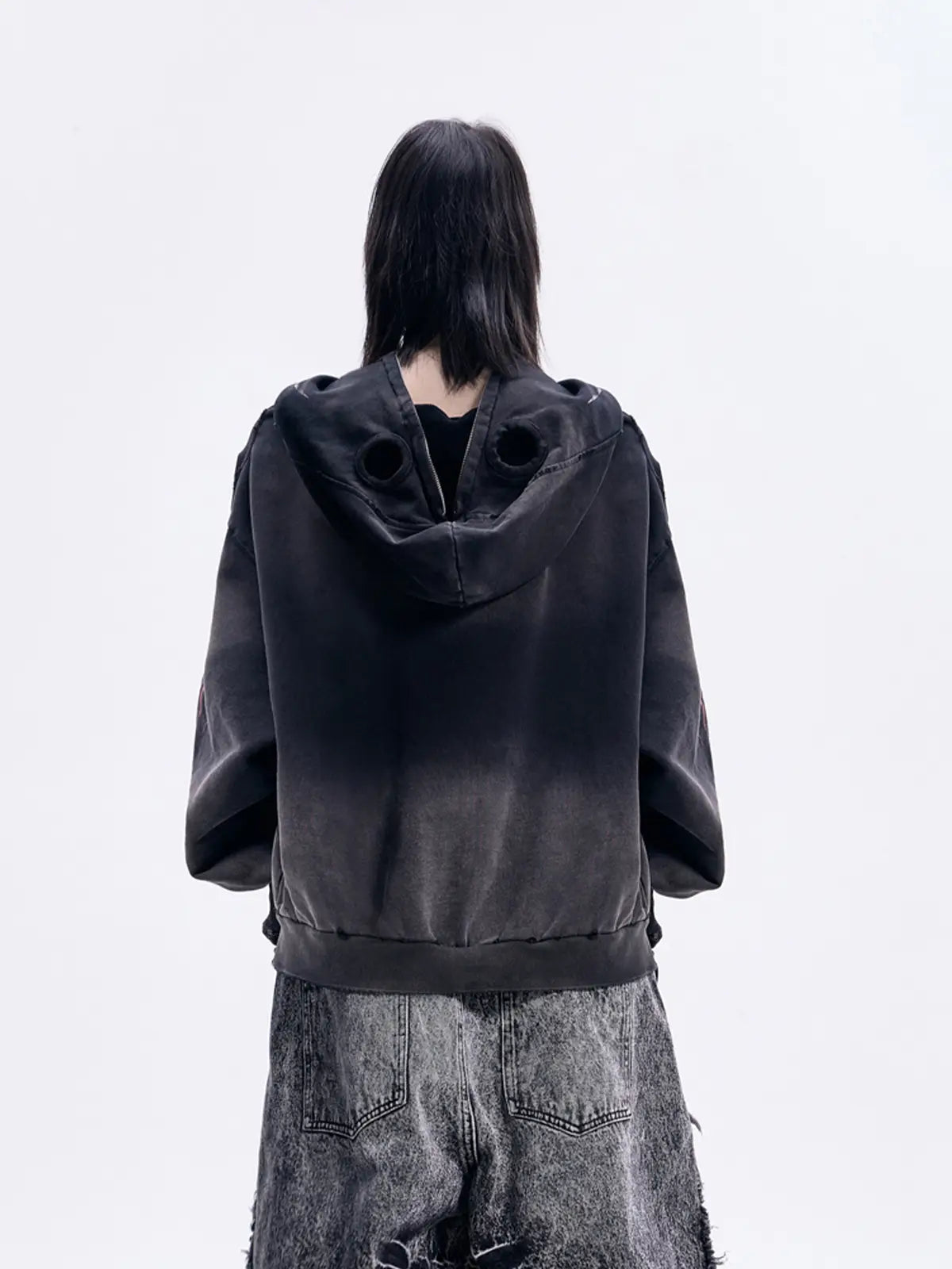 Peoplesense Ripped Full Zip Face Mask Hoodie（Black and Red）