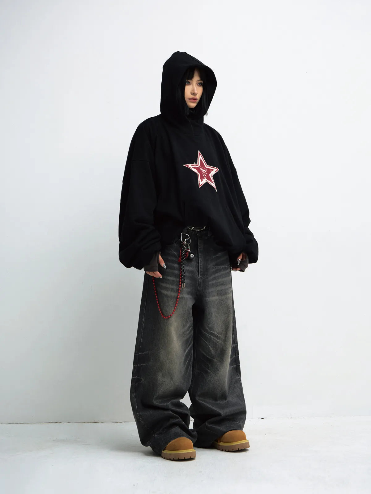 Peoplesense Black Embroidered Print Oversized Hoodie