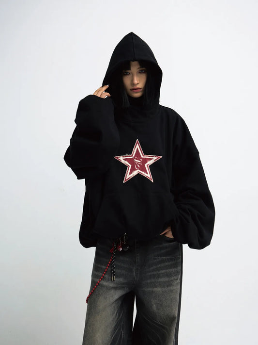 Peoplesense Black Embroidered Print Oversized Hoodie