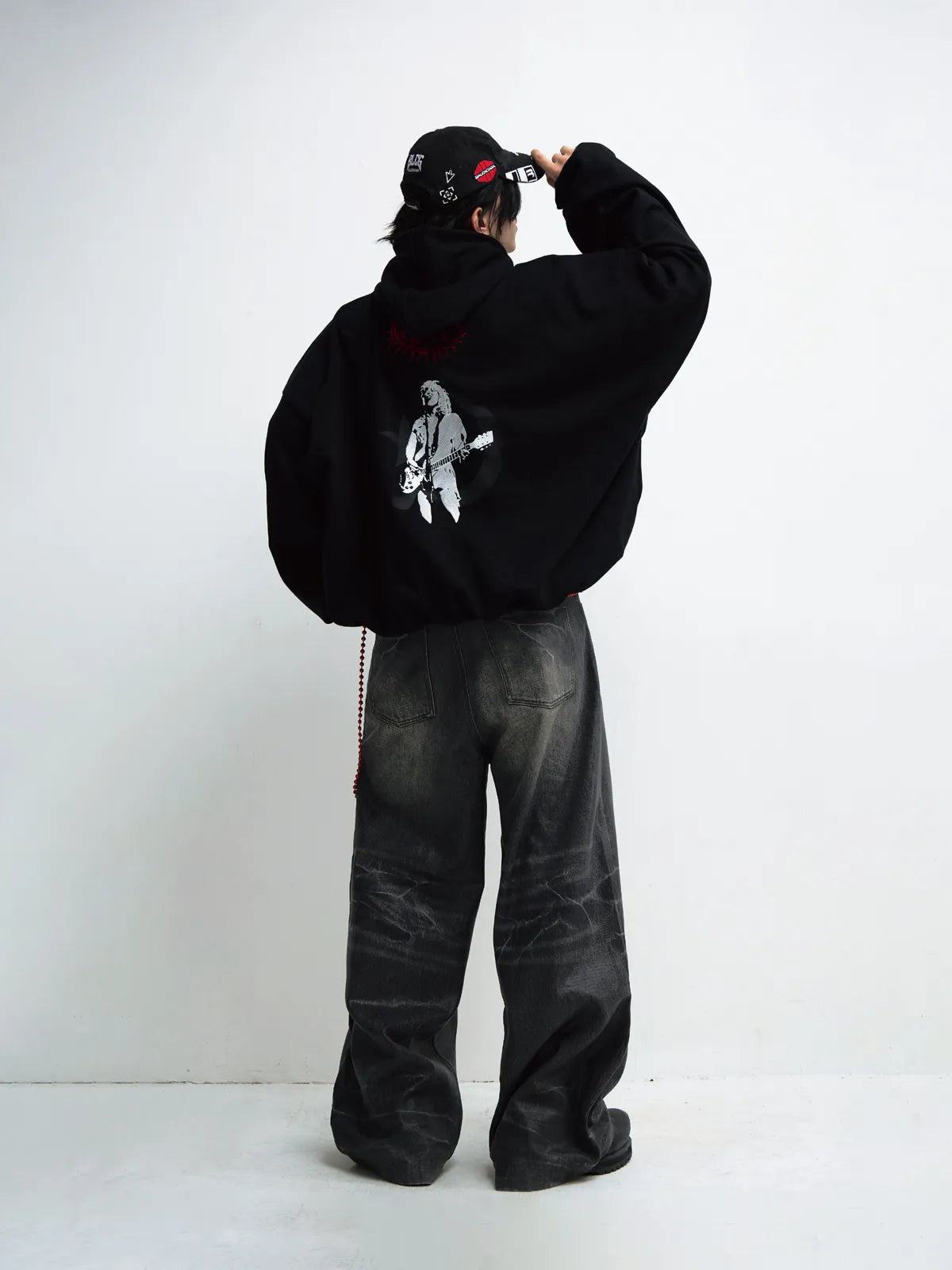 Peoplesense Black Embroidered Print Oversized Hoodie