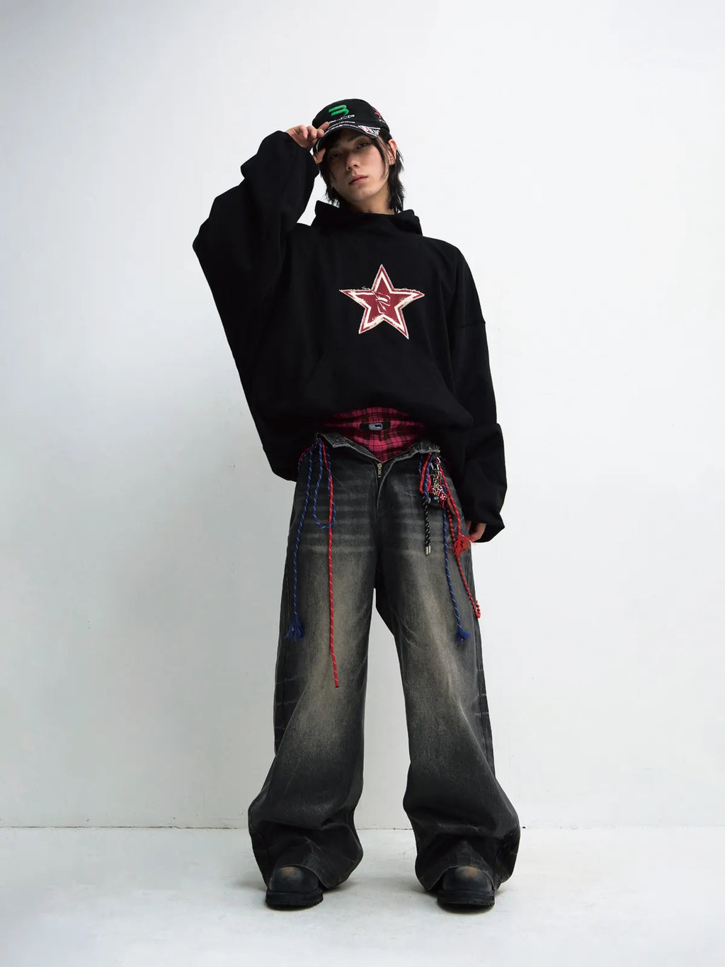 Peoplesense Black Embroidered Print Oversized Hoodie