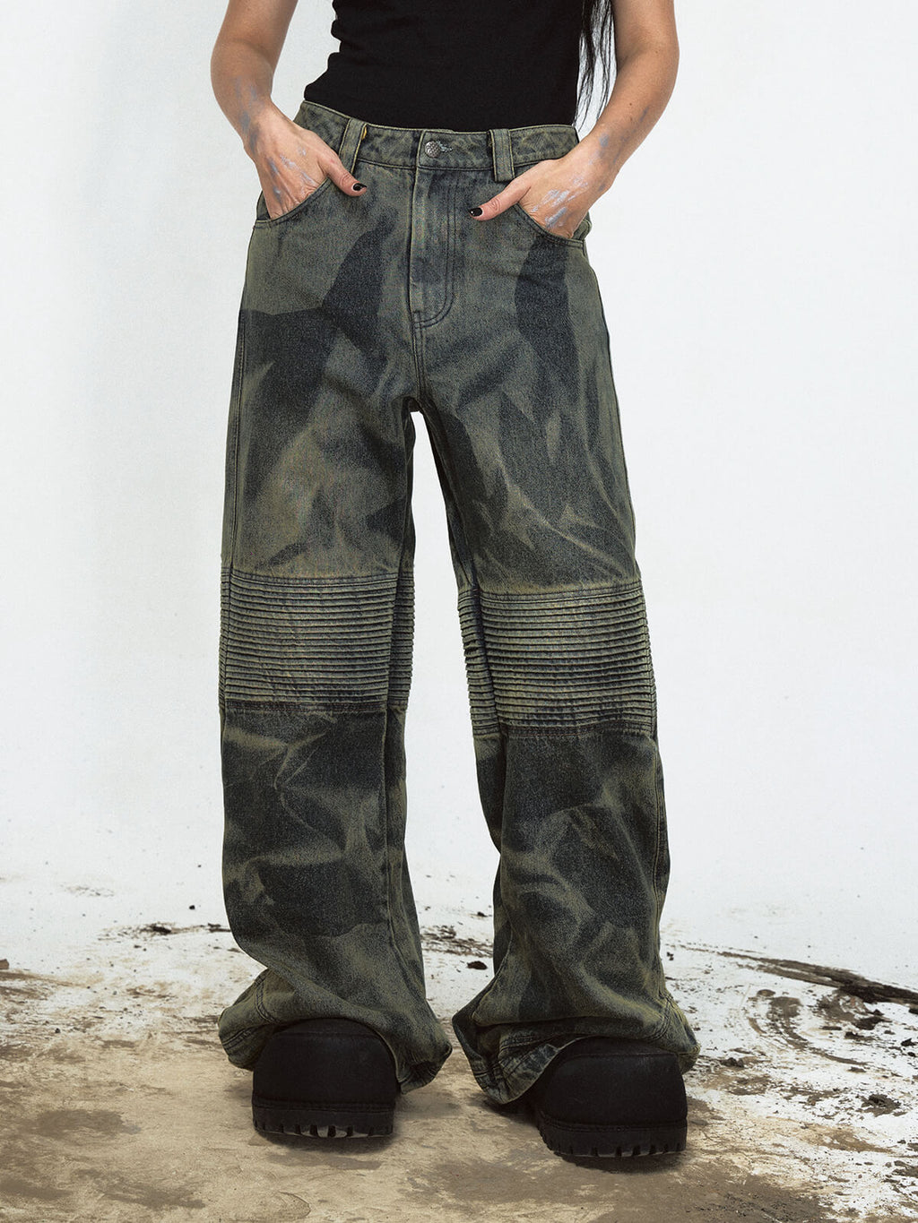 PeopleStyle ワイドレッグ カモフラージュ デニム ジーンズ