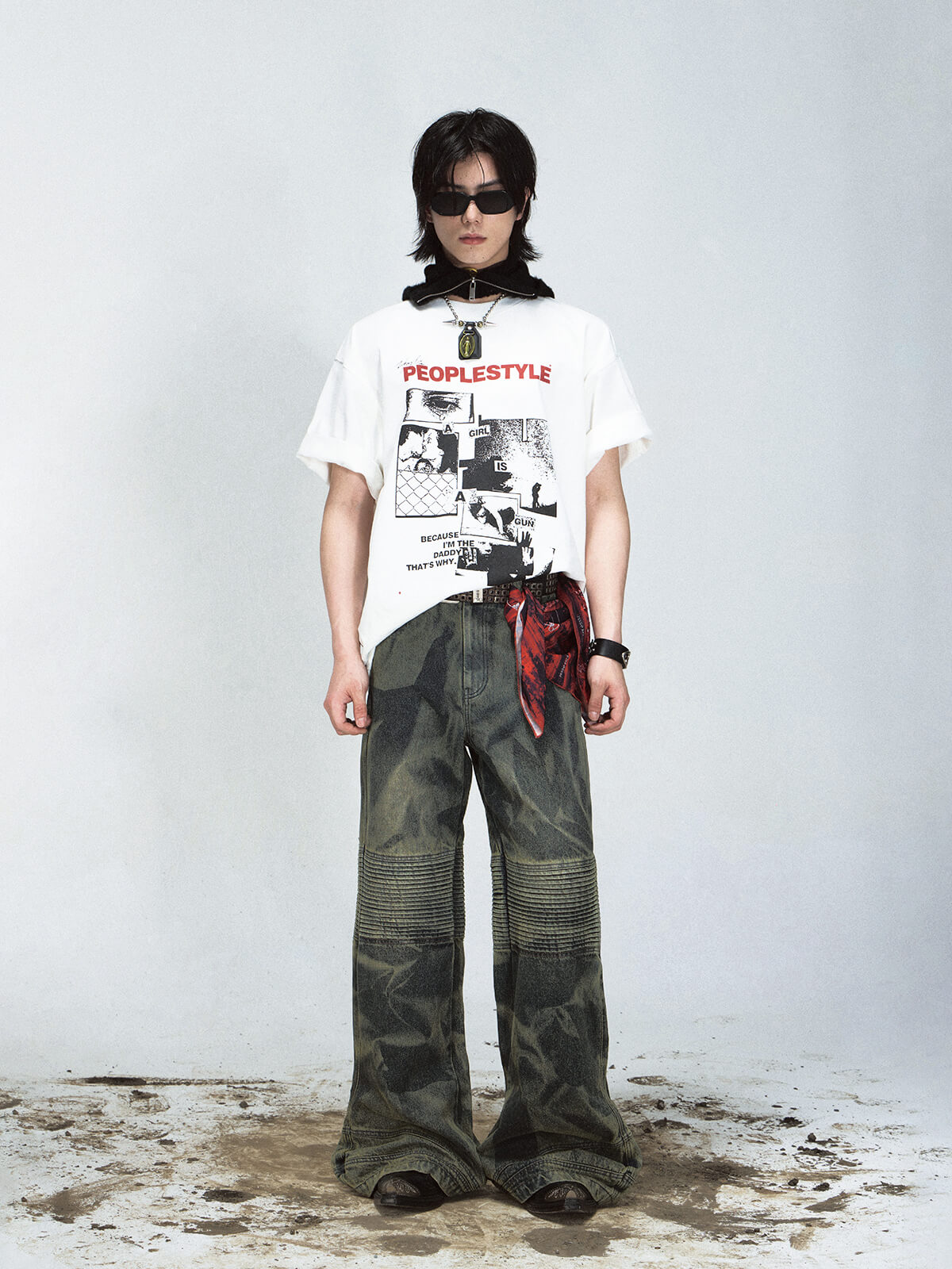 PeopleStyle ワイドレッグ カモフラージュ デニム ジーンズ