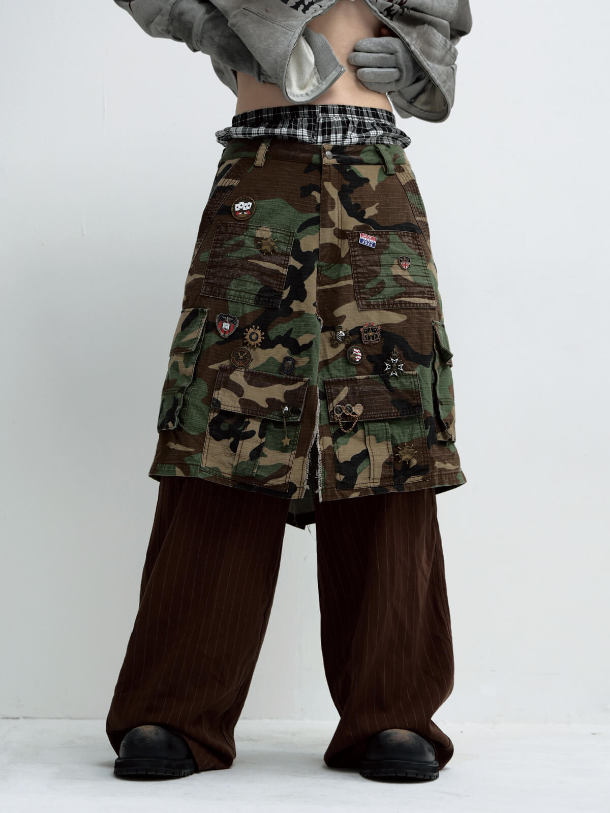 Peoplesense Fake Two Piece Camo Patchwork Cargo Pants