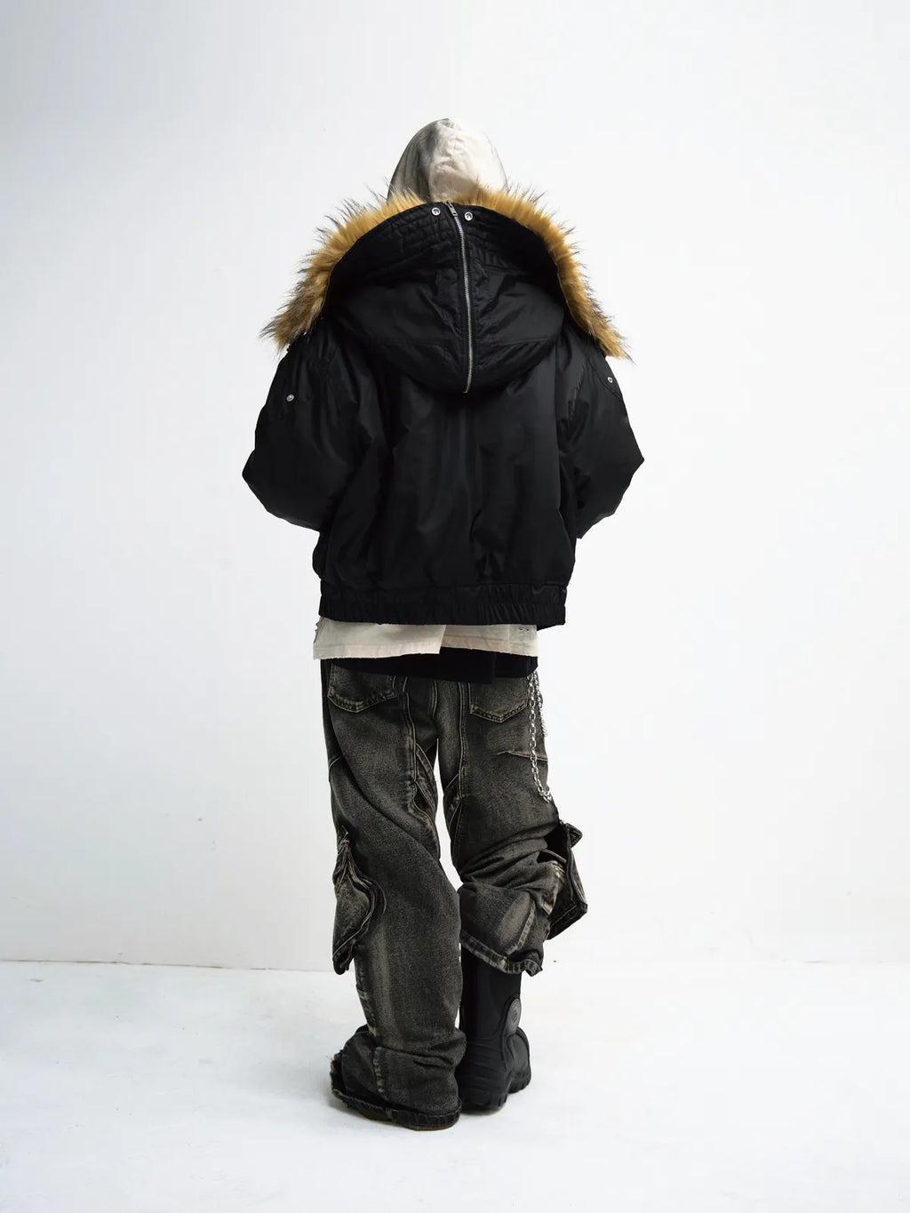 Peoplesense Short Flight Jacket with Fur Hood Black