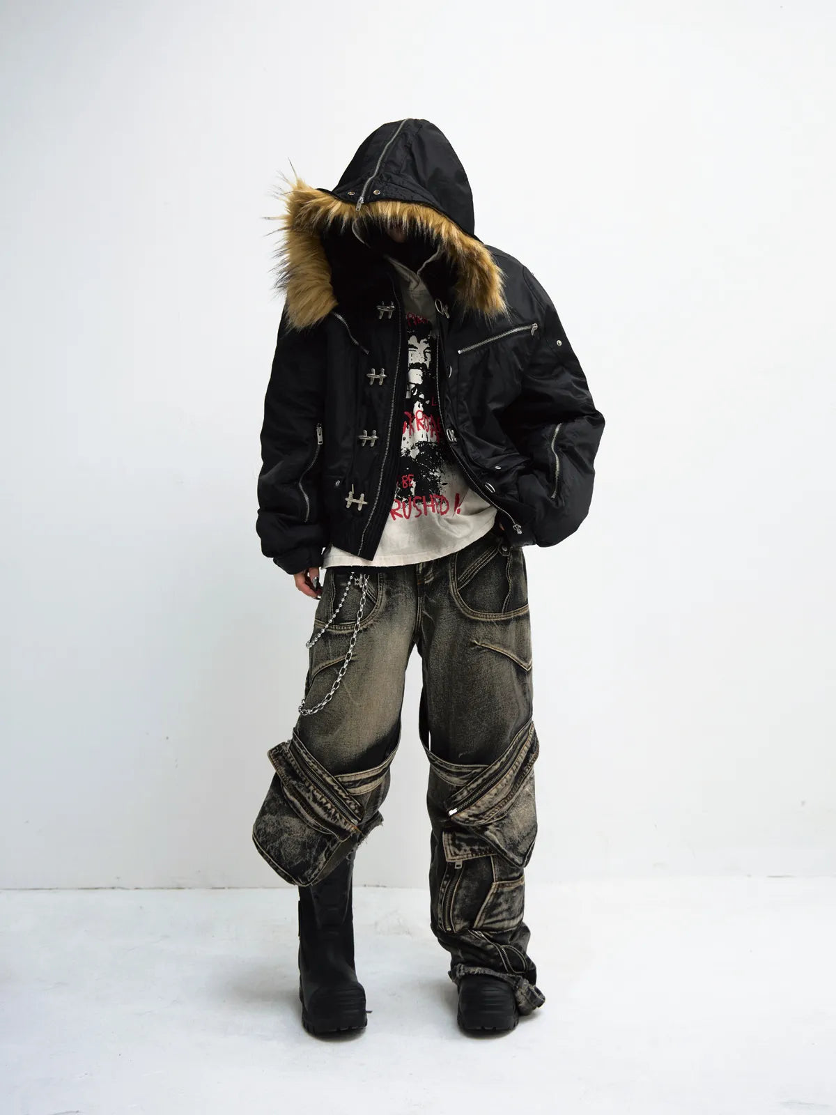Peoplesense Short Flight Jacket with Fur Hood Black
