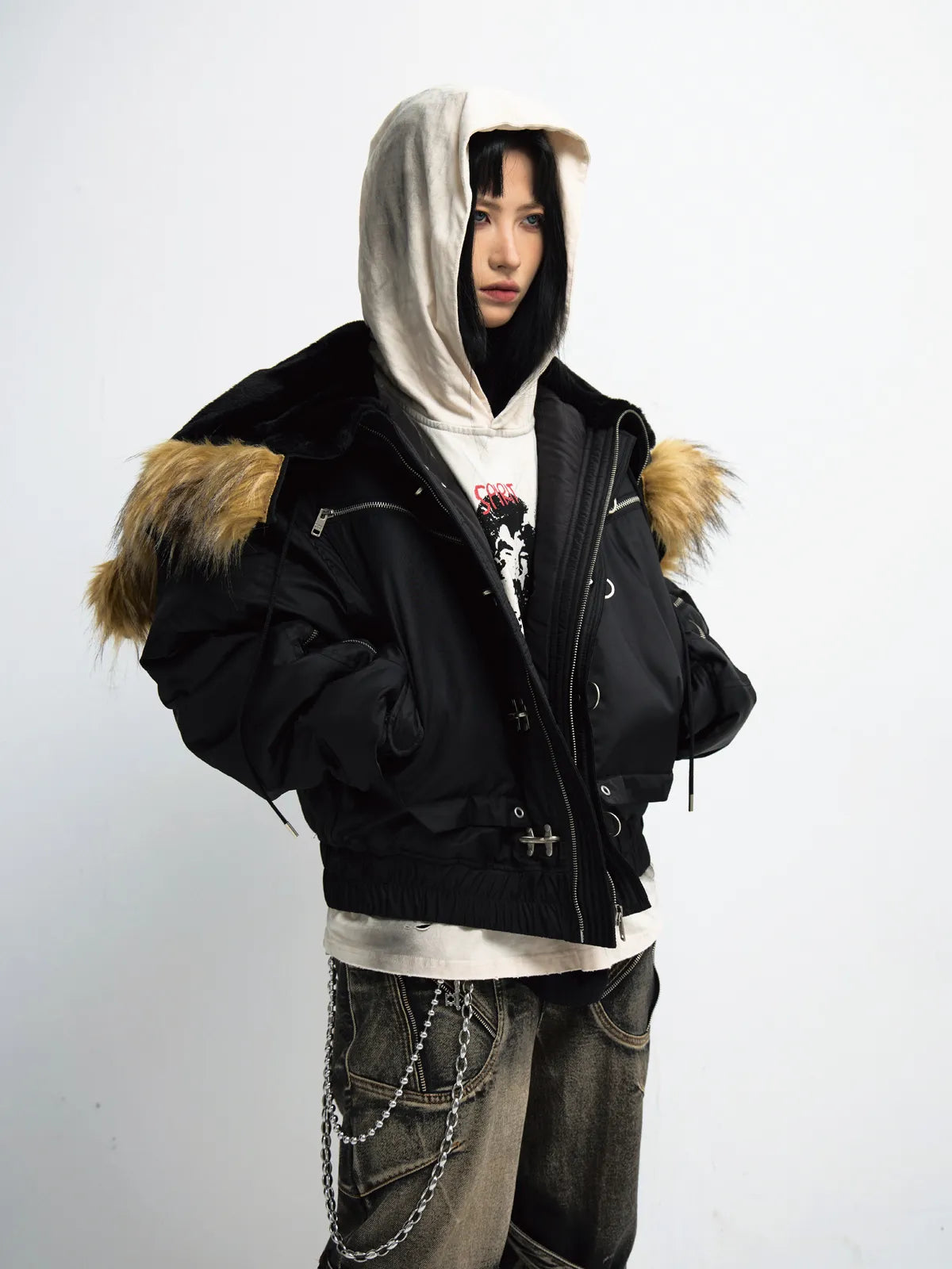 Peoplesense  Short Flight Jacket with Fur Hood Black