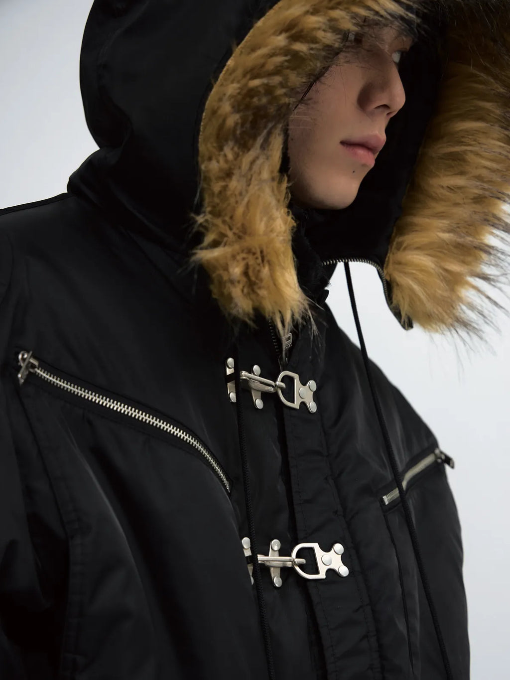 Peoplesense  Short Flight Jacket with Fur Hood Black