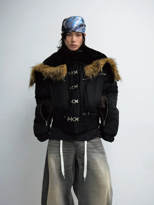 Peoplesense  Short Flight Jacket with Fur Hood Black