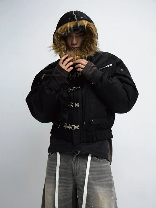 Peoplesense  Short Flight Jacket with Fur Hood Black
