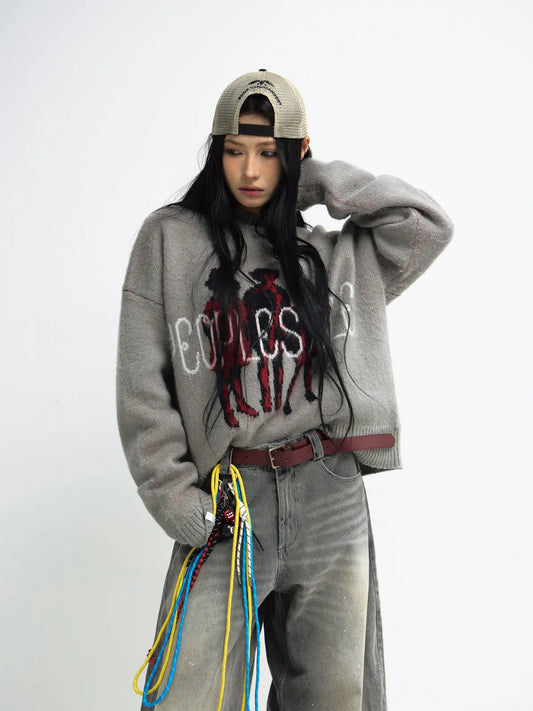 Peoplesense Grey Casual Printed Pullover Sweater