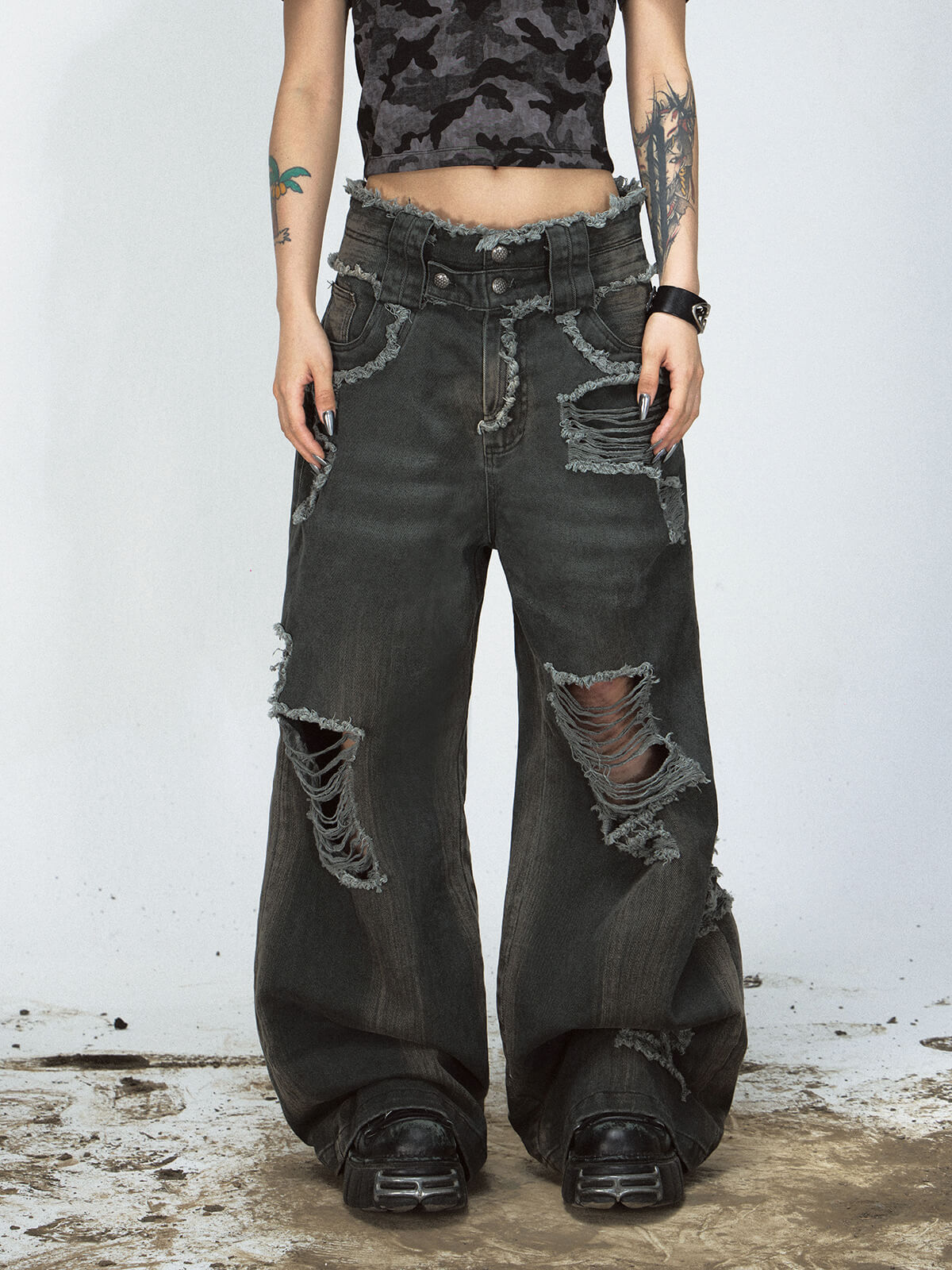 Peoplesense Distressed Wide-Leg Jeans