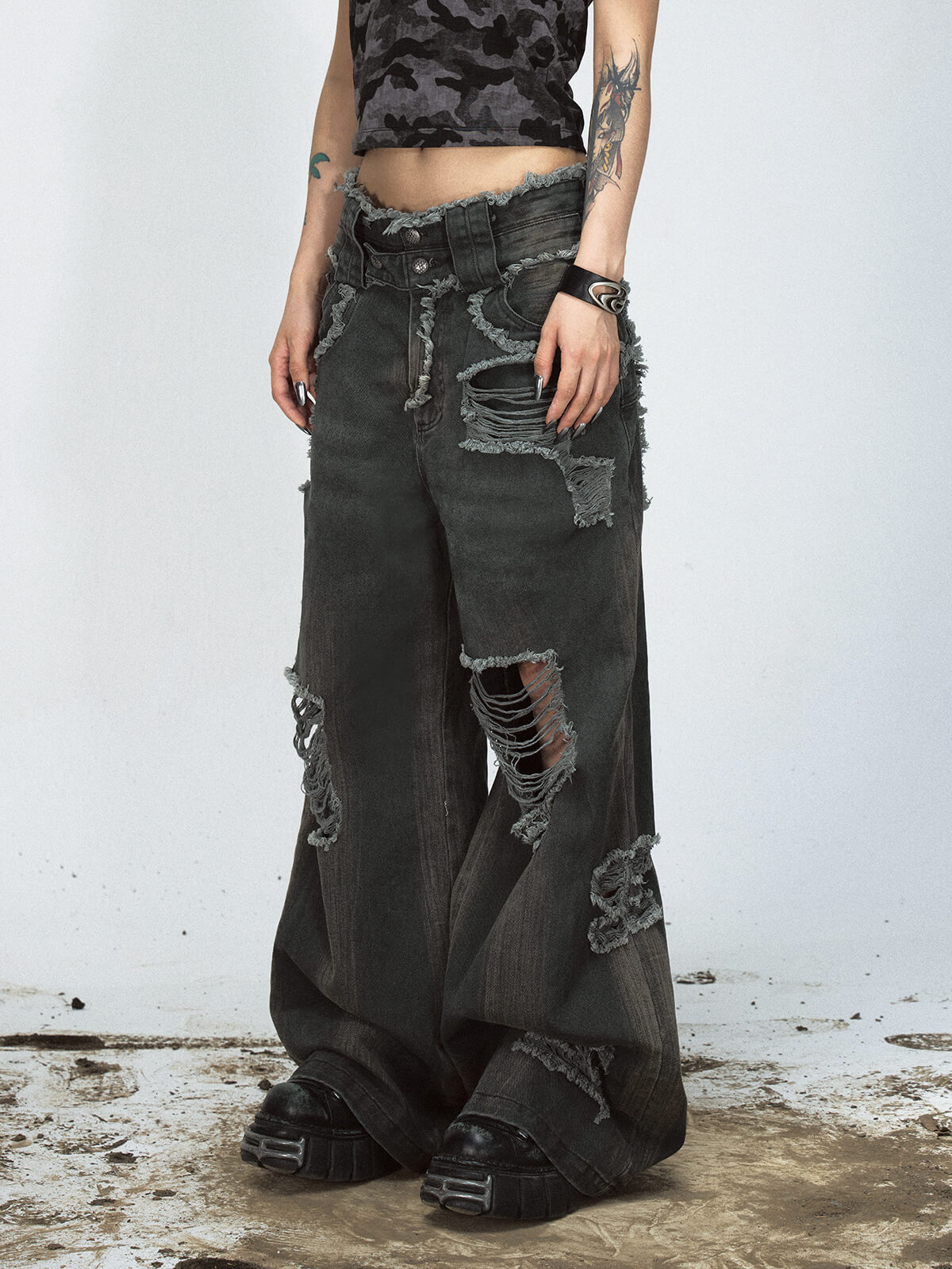 Peoplesense Distressed Wide-Leg Jeans