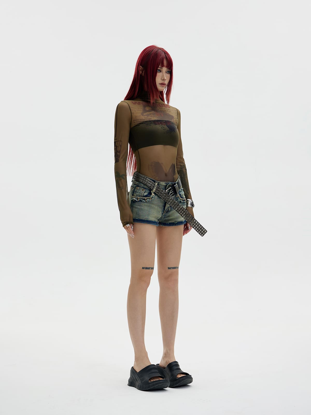 Peoplesense Printed Sheer Skin Turtleneck Top