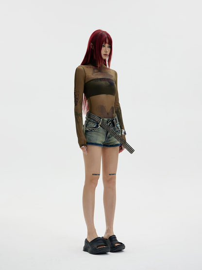 Peoplesense Printed Sheer Skin Turtleneck Top