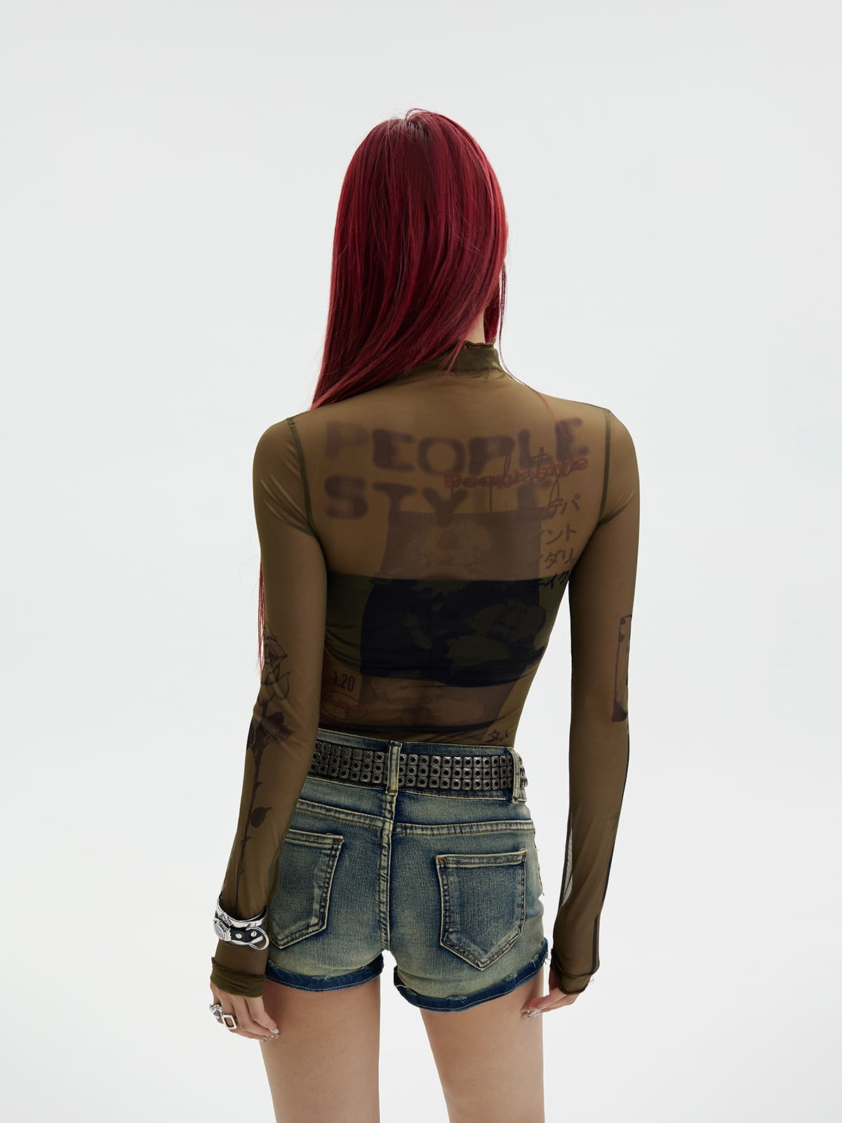 Peoplesense Printed Sheer Skin Turtleneck Top