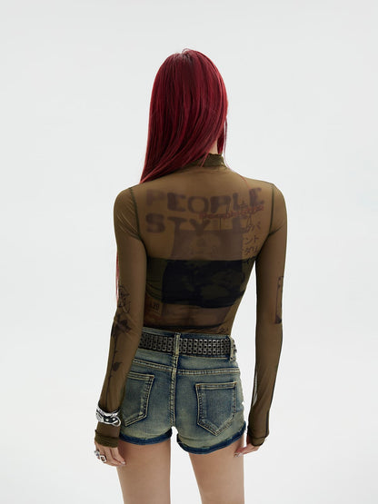 Peoplesense Printed Sheer Skin Turtleneck Top