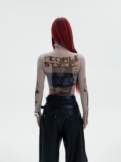 Peoplesense Printed Sheer Skin Turtleneck Top