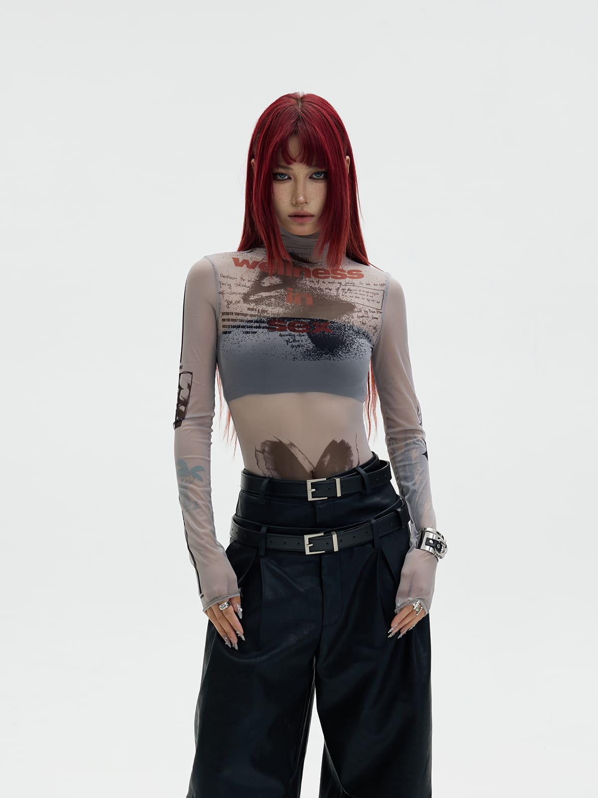Peoplesense Printed Sheer Skin Turtleneck Top