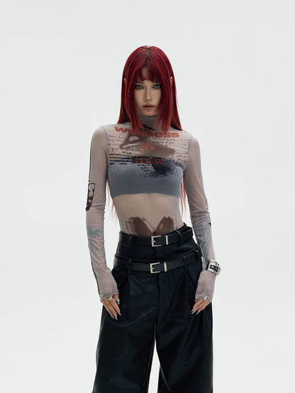 Peoplesense Printed Sheer Skin Turtleneck Top