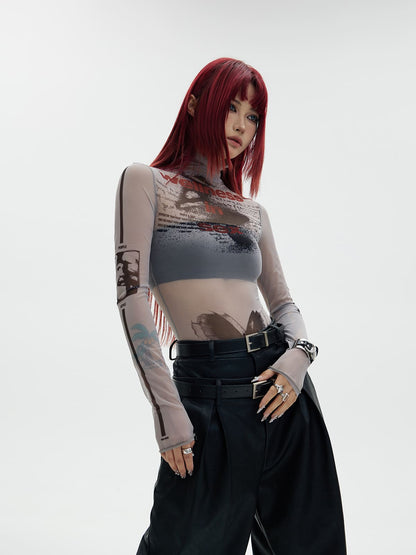 Peoplesense Printed Sheer Skin Turtleneck Top