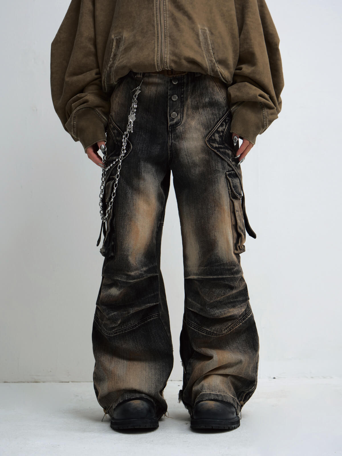 Peoplesense Mud-Dyed Pleated Wide Leg Jeans