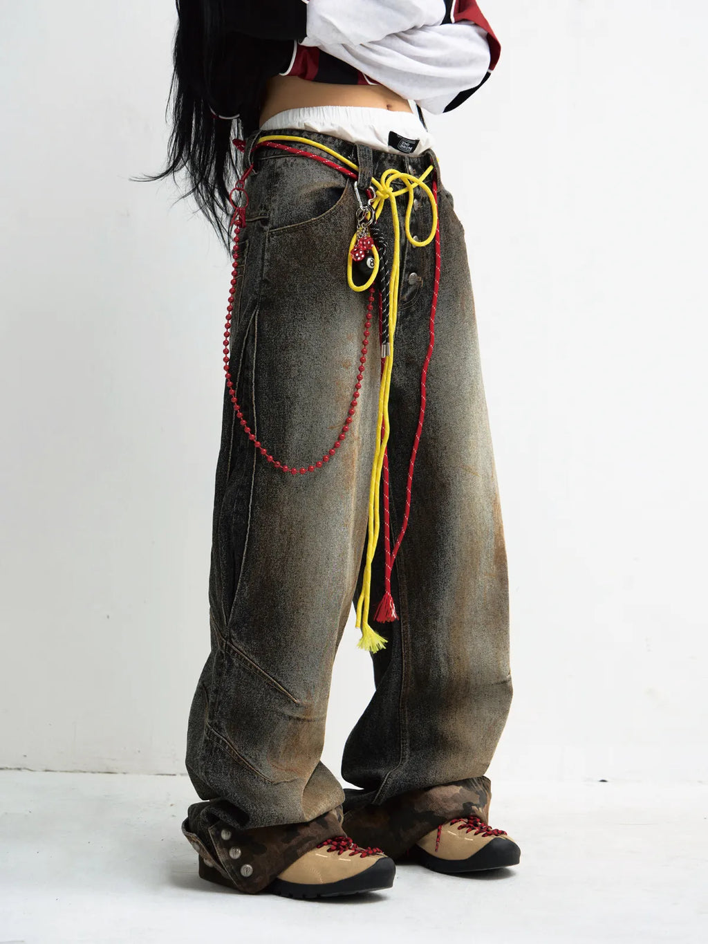 Peoplesense Mud-Dyed Straight-Leg Jeans with Camouflage Hem
