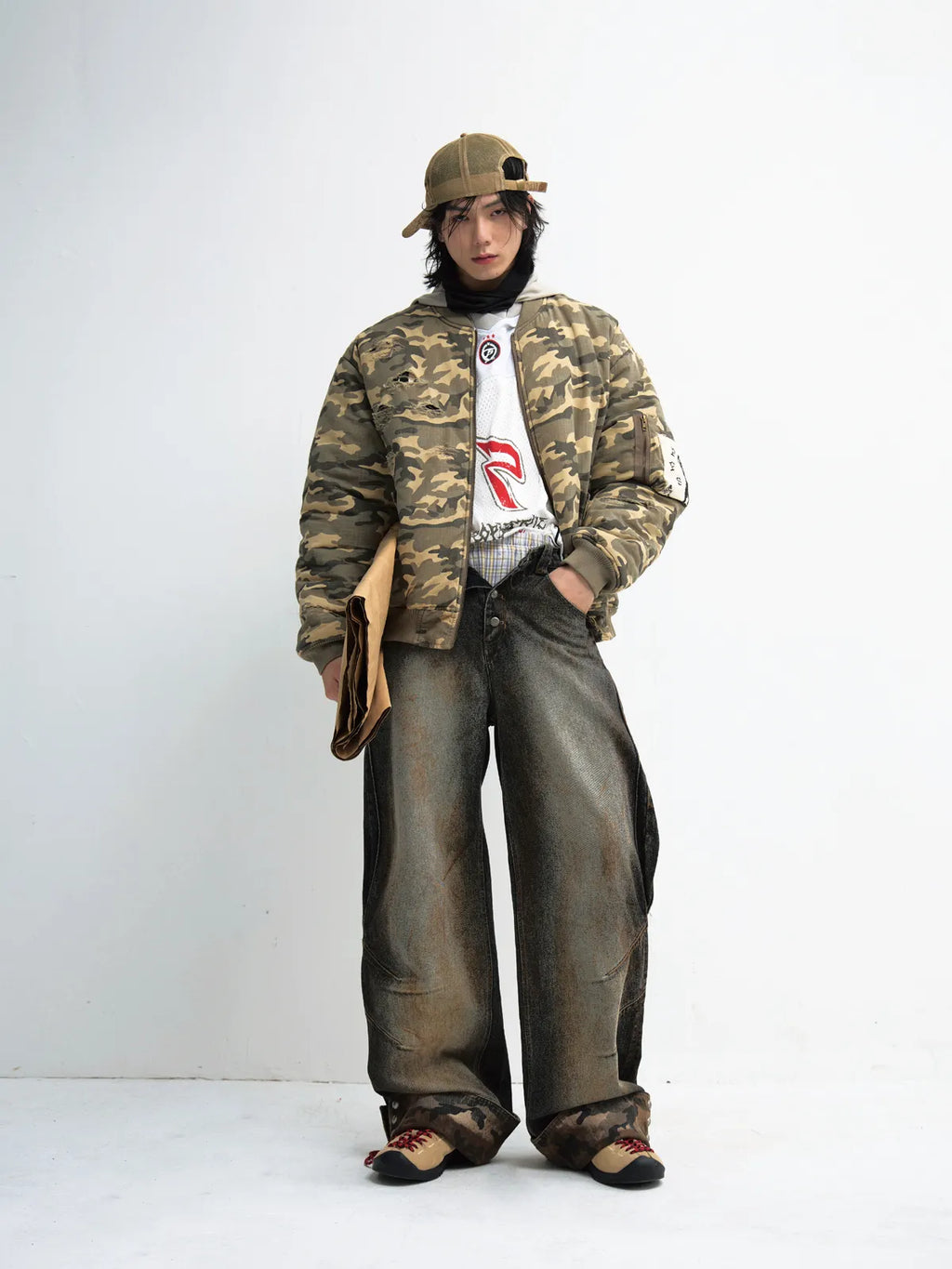 Peoplesense Mud-Dyed Straight-Leg Jeans with Camouflage Hem