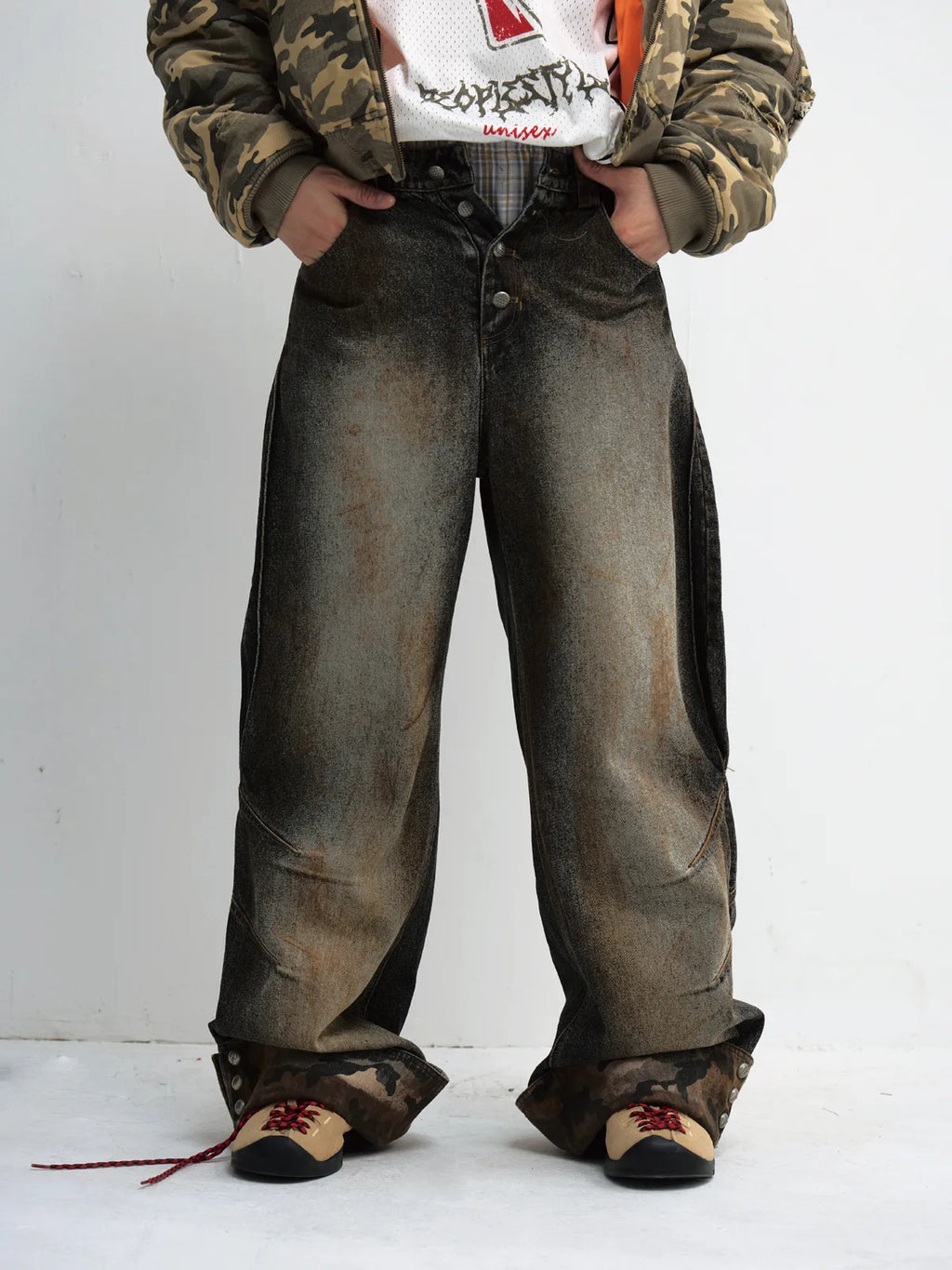 Peoplesense Mud-Dyed Straight-Leg Jeans with Camouflage Hem