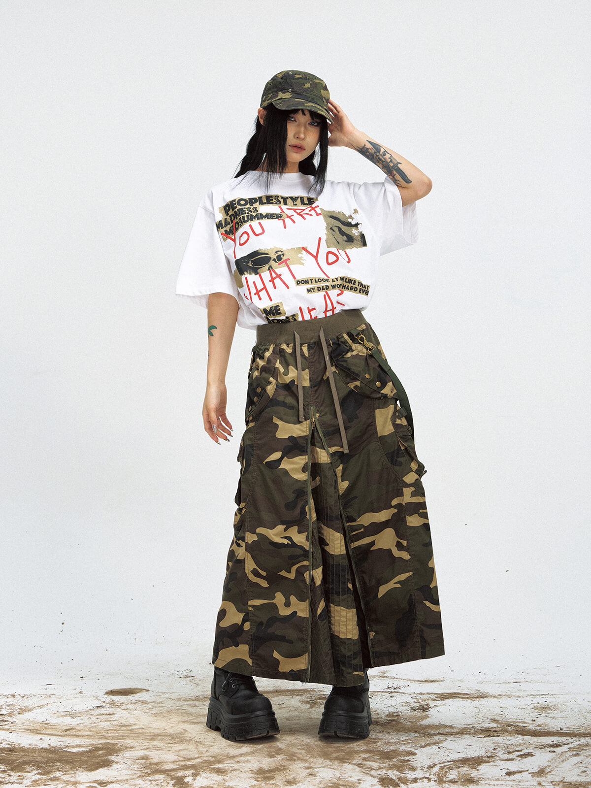 Peoplesense Punk Camo Zipper Slit Skirt