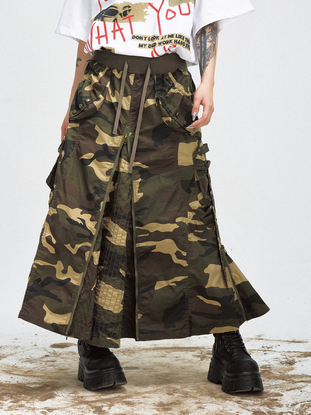 Peoplesense Punk Camo Zipper Slit Skirt