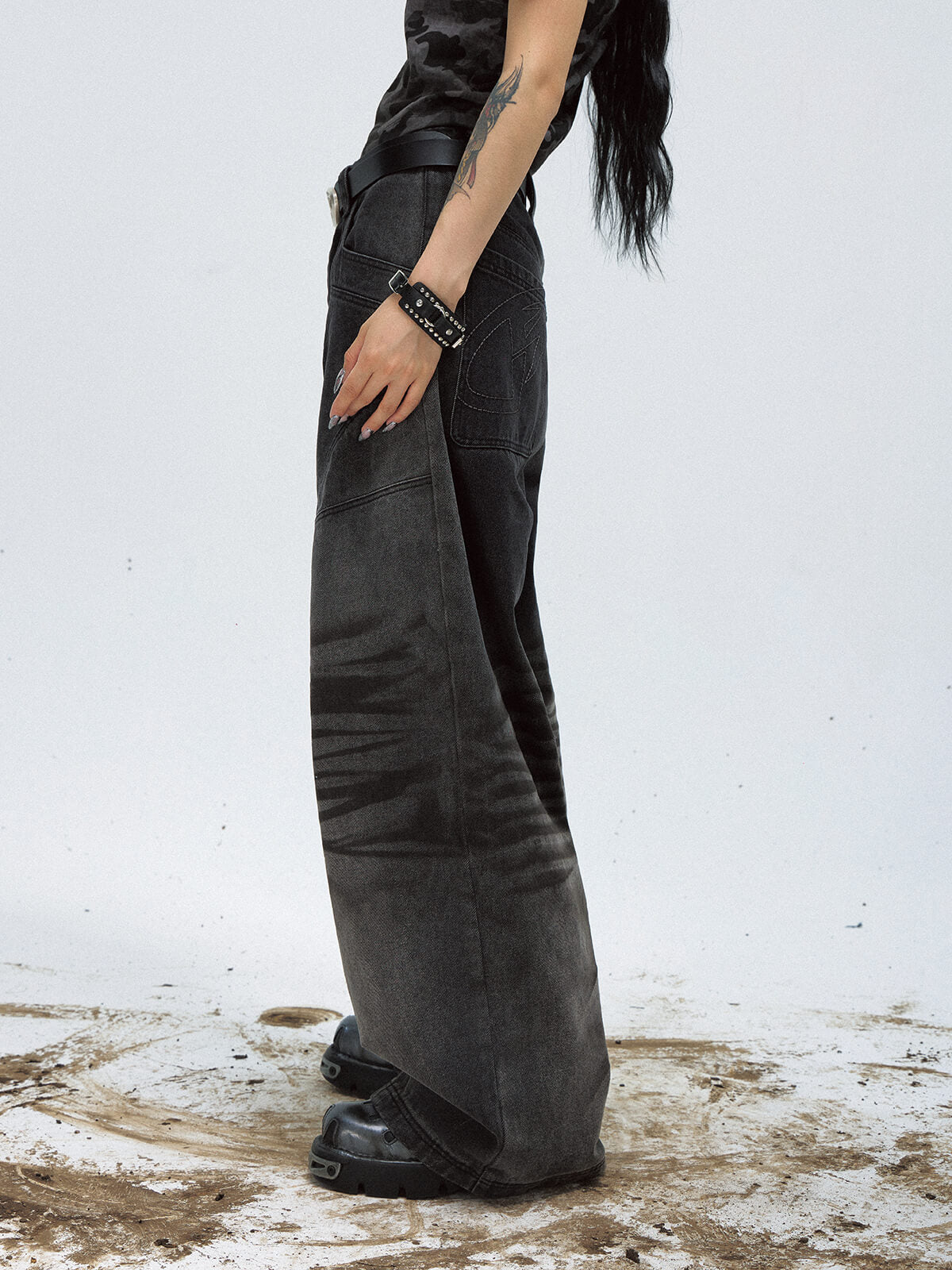 Peoplesense Vintage Black Wide-Leg Baggy Jeans