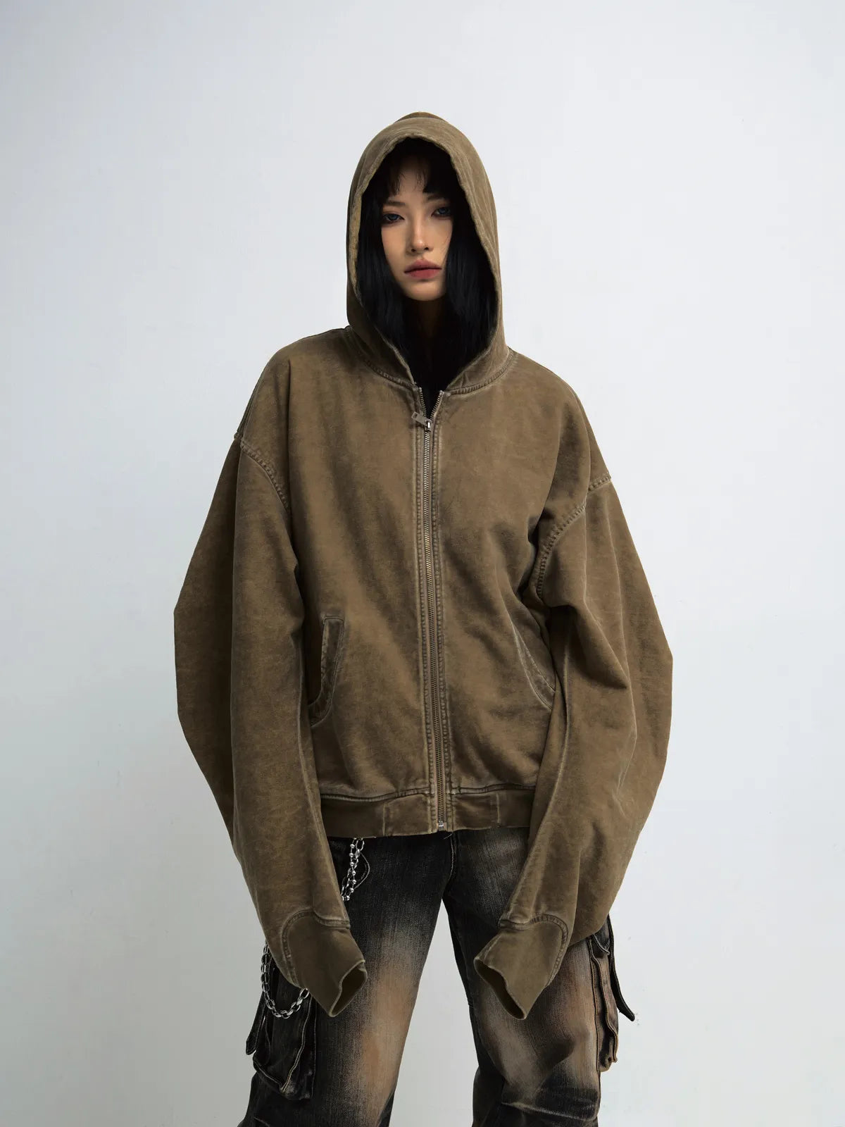 Peoplesense Vintage Knit Zip Up Hoodie Brown
