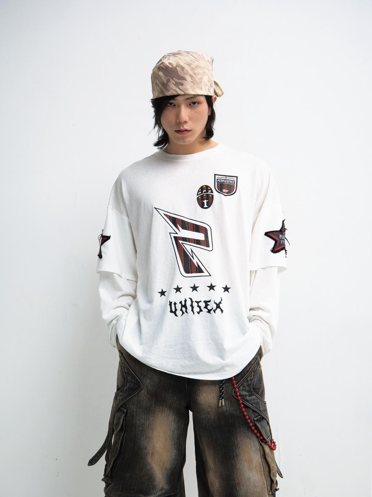 Peoplesense White Fake Two-Piece Racing Sweatshirt