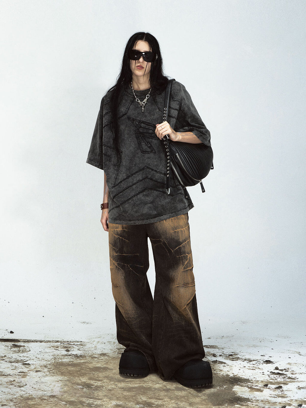 Peoplesense Mud-Dyed Lightning Cracked Wide-Leg Jeans