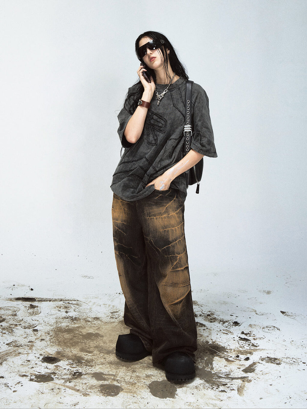Peoplesense Mud-Dyed Lightning Cracked Wide-Leg Jeans